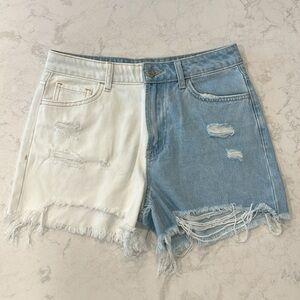 Vervet Rebecca Colorblock Denim Blue & White High Rise Distressed Shorts Size S